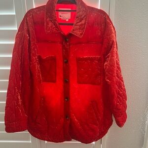 Anthropologie L Reddish Orange Crushed Velvet Quilted Jacket Gently Worn